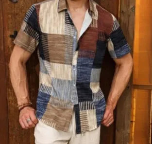 Retro men's plaid polyester shirt in blue with cardigan style loose fit