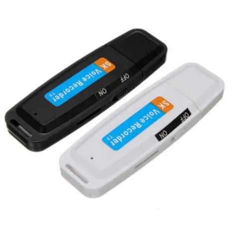 SK-001 black and white USB flash drive with voice recording function showing front and side views