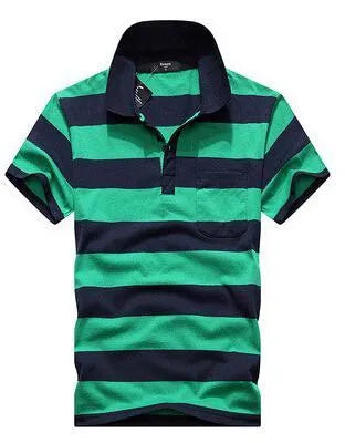 Men's striped short sleeved T-shirt with real pocket in loose fit, front view