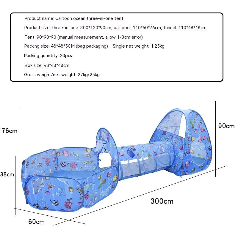 Children's three-in-one play tent with tunnel and ball pool in a cartoon submarine design.