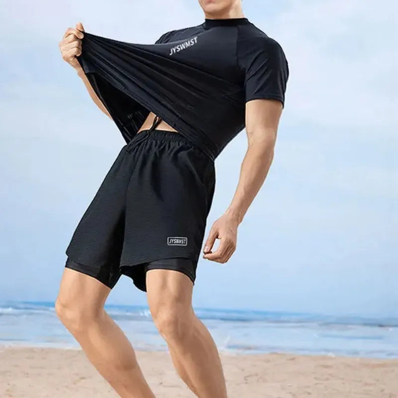 Men's patterned swimsuit set with top and pants in polyester fabric