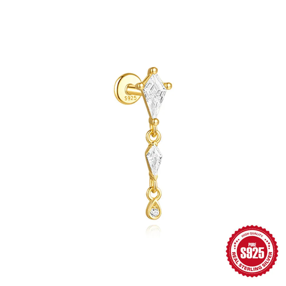 Geometric kite-shaped sterling silver stud earrings with rhinestones and a gold chain tassel.