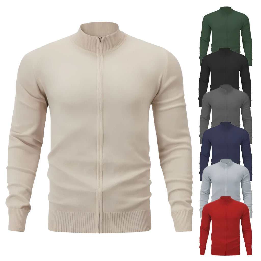 Stand collar zip-up casual sweater in cotton fabric, loose fit cardigan style