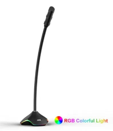 Black wired desktop microphone with foam windscreen on a stand.