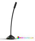 Black wired desktop microphone with foam windscreen on a stand.