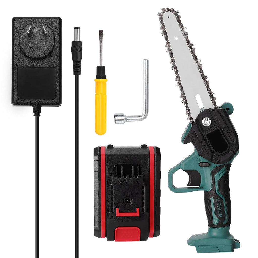 Black mini electric chainsaw held in one hand, showing 4-inch guide bar and compact body.