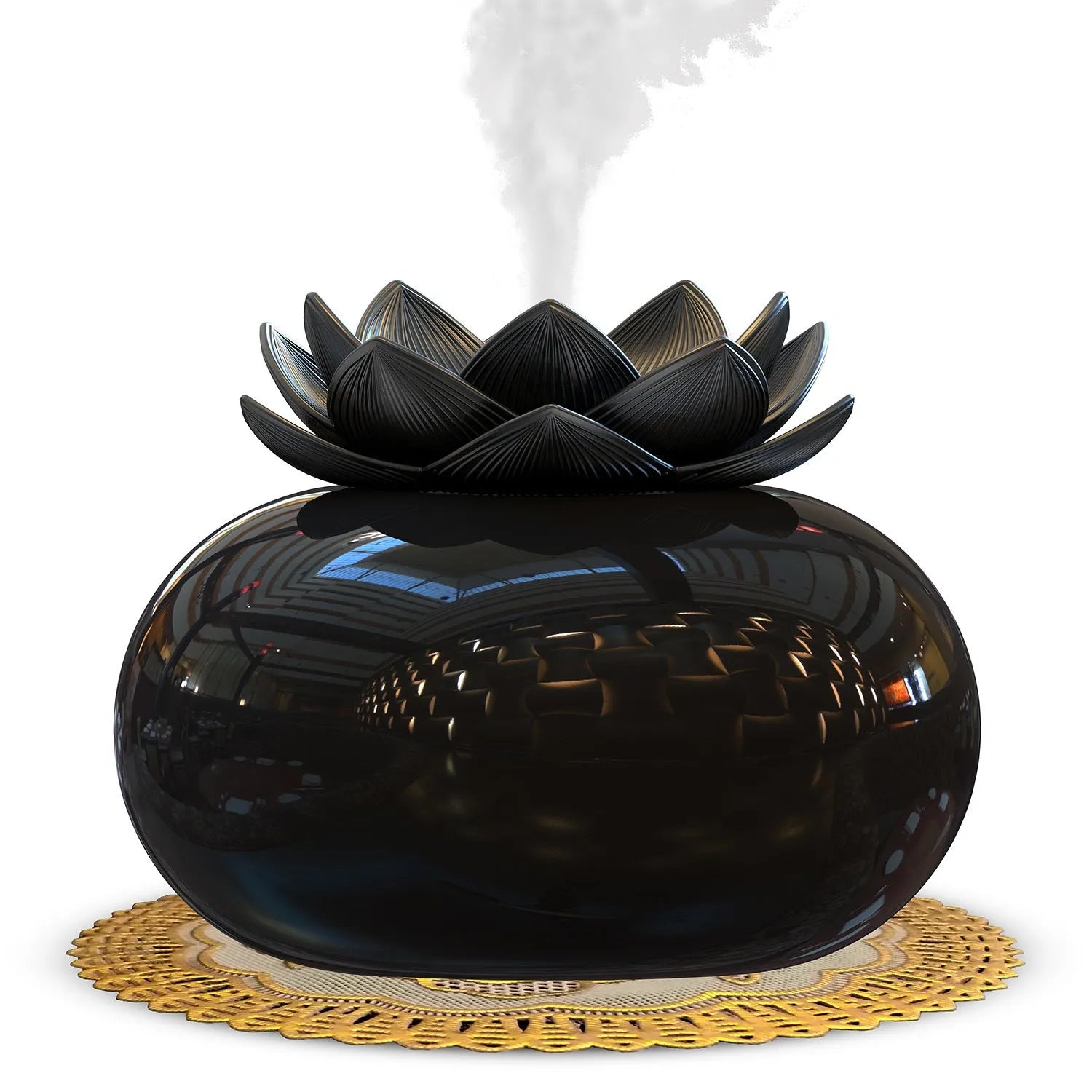Pure black Lotus ultrasonic aromatherapy humidifier with USB cable and round design.