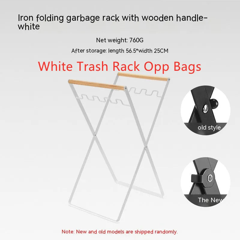 Black outdoor folding iron trash rack with a wooden handle, holding a bin bag.