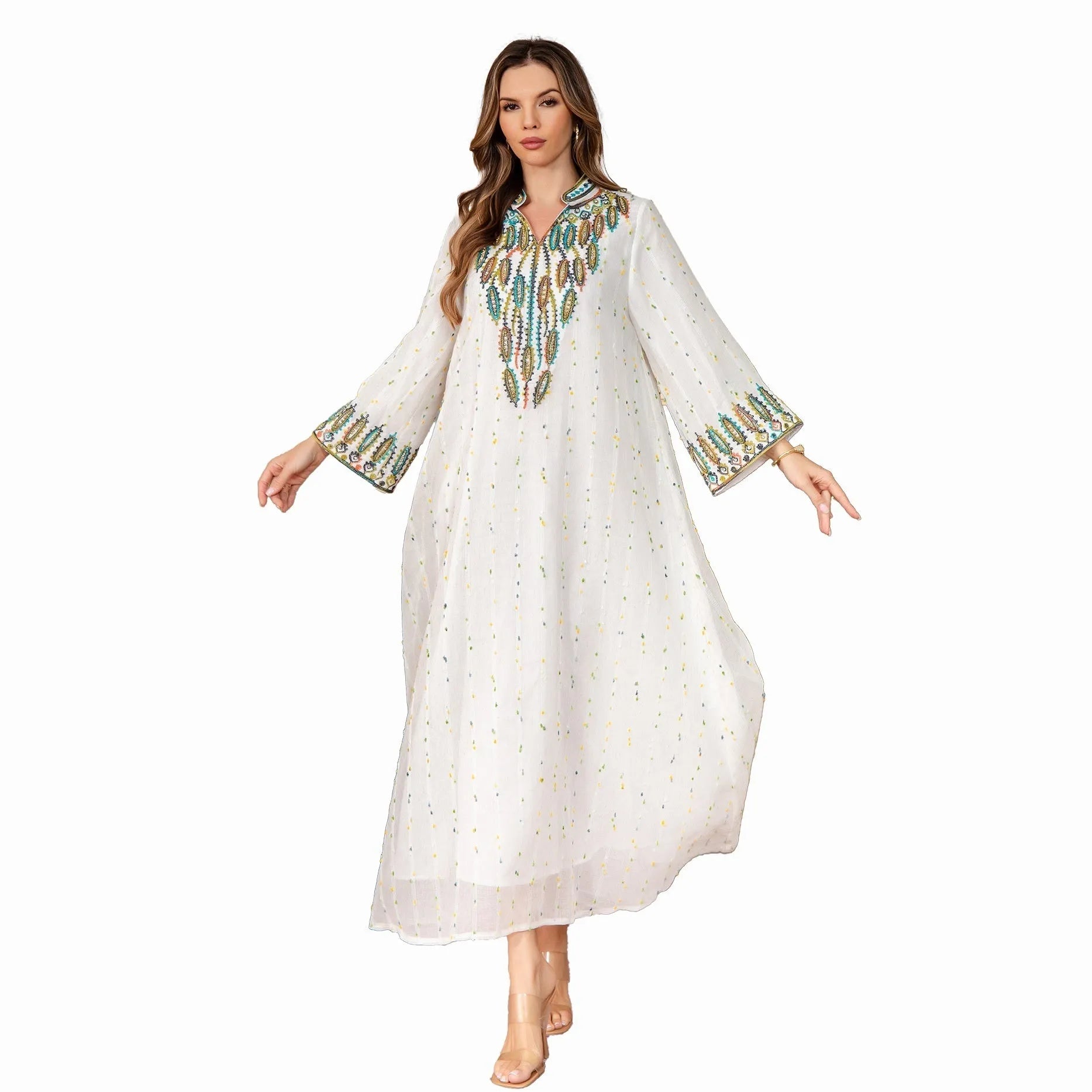 White traditional Dubai Arabic robe with long sleeves and floor-length design
