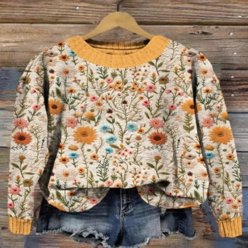 Women's little flower digital printed round neck sweater in polyester, shown in a selected colour from the YPM935 series.