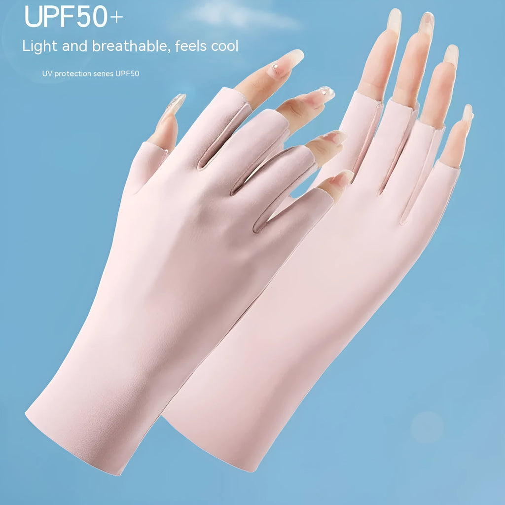 Thin women's UPF50+ ice silk sun protection gloves in multiple colour options