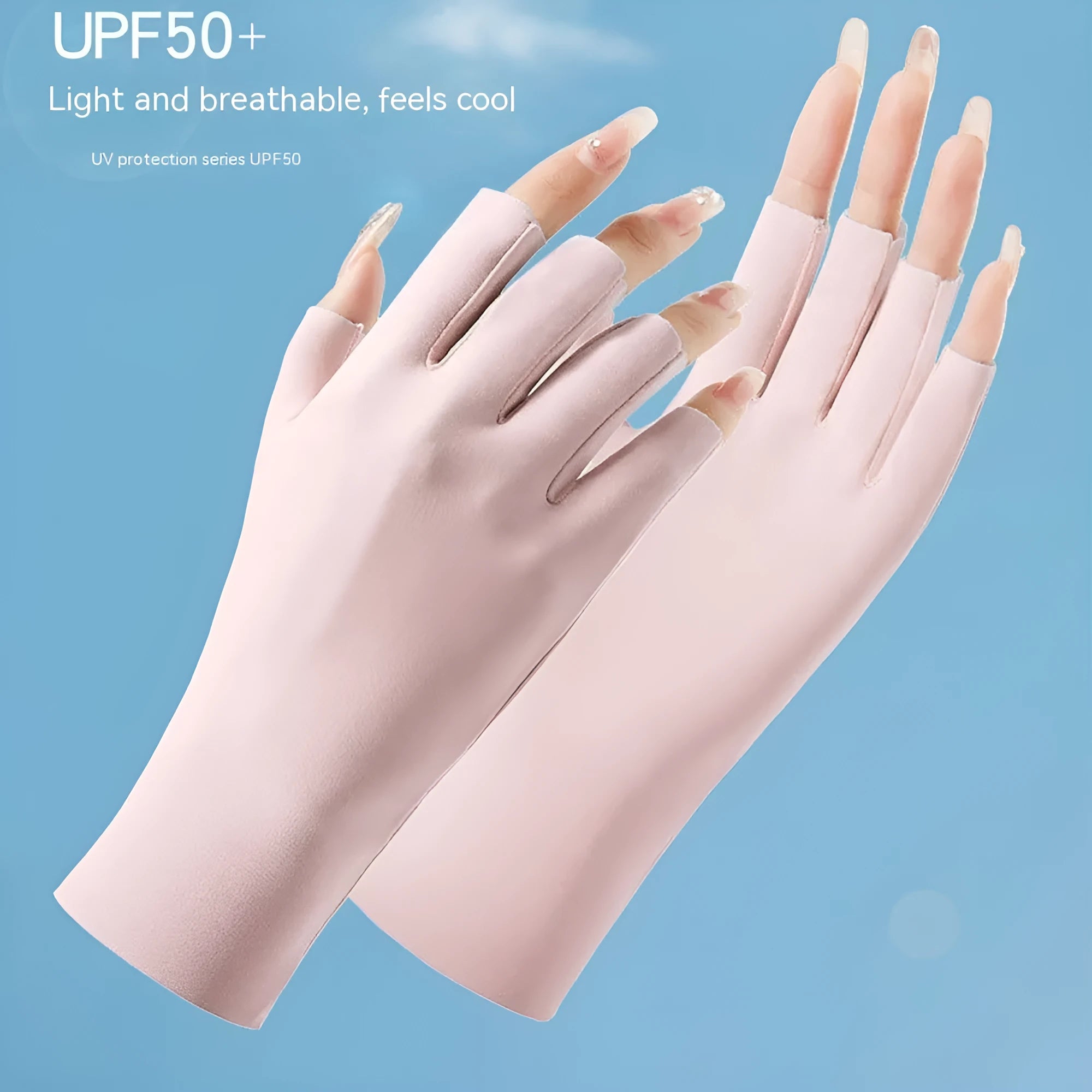Thin women's UPF50+ ice silk sun protection gloves in multiple colour options