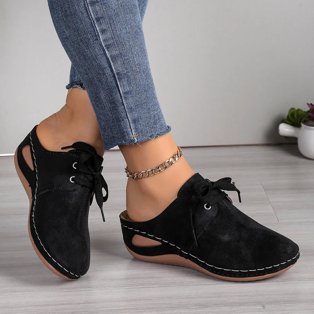 Women's baotou design lace-up wedge slippers with hollow out construction in suede upper