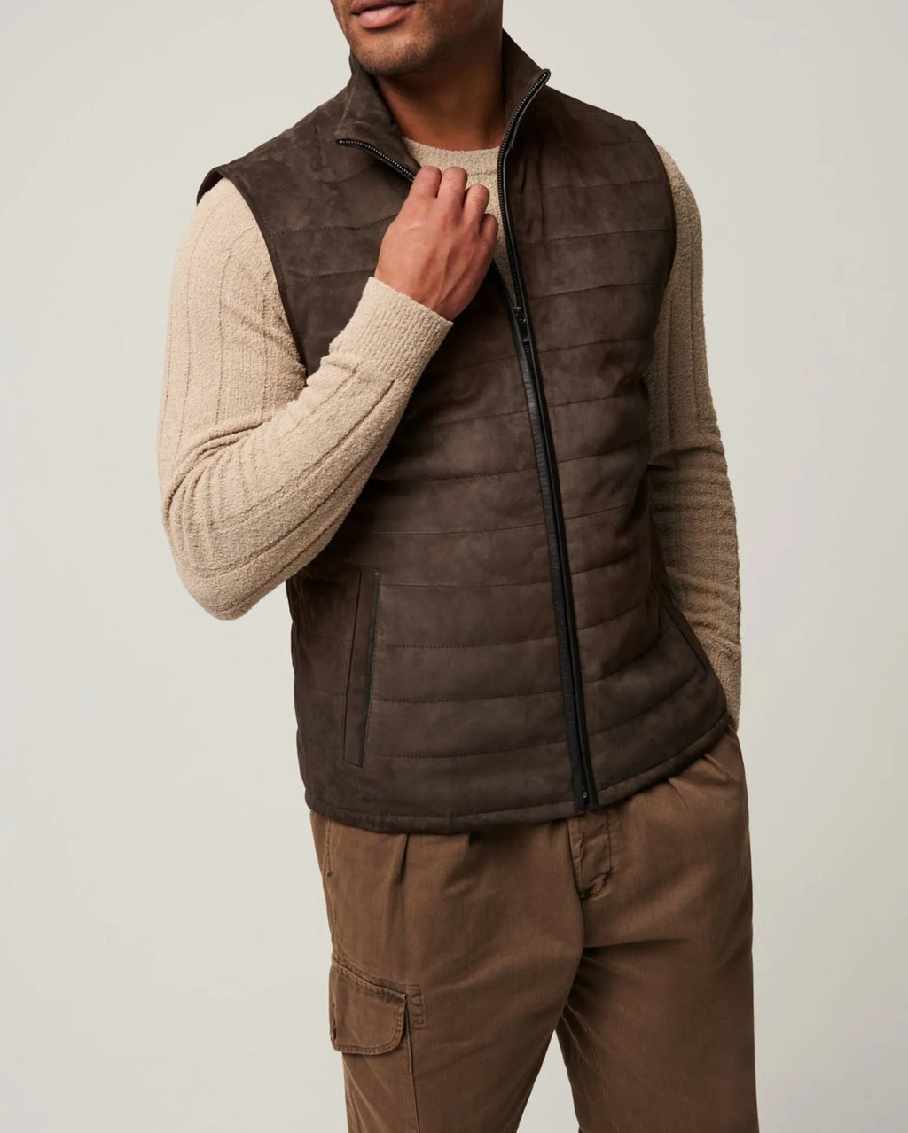 Leather style men's brown polyester vest jacket with horizontal stitching and straight hem