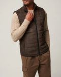 Leather style men's brown polyester vest jacket with horizontal stitching and straight hem
