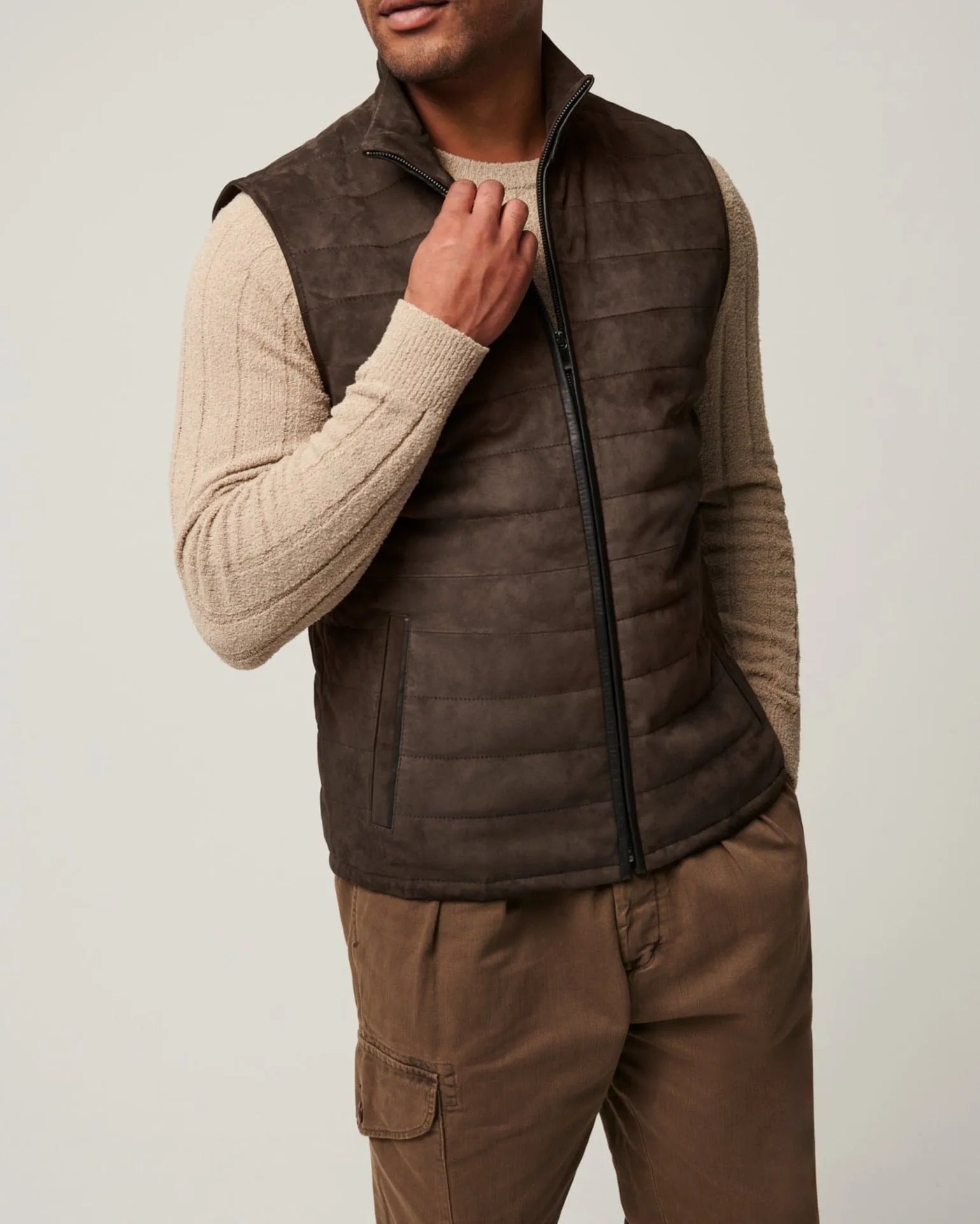 Leather style men's brown polyester vest jacket with horizontal stitching and straight hem