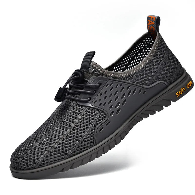 Men's breathable casual shoes in sand colour with mesh upper and elastic band.