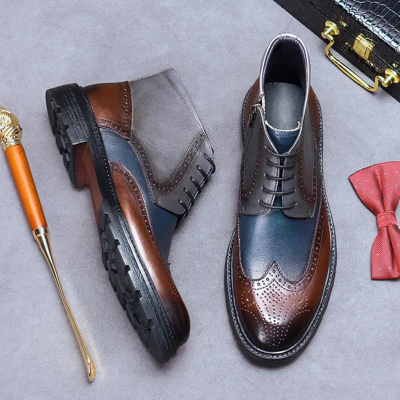 Men's brown and blue vintage colour block brogue carved leather Martin boots with round toe