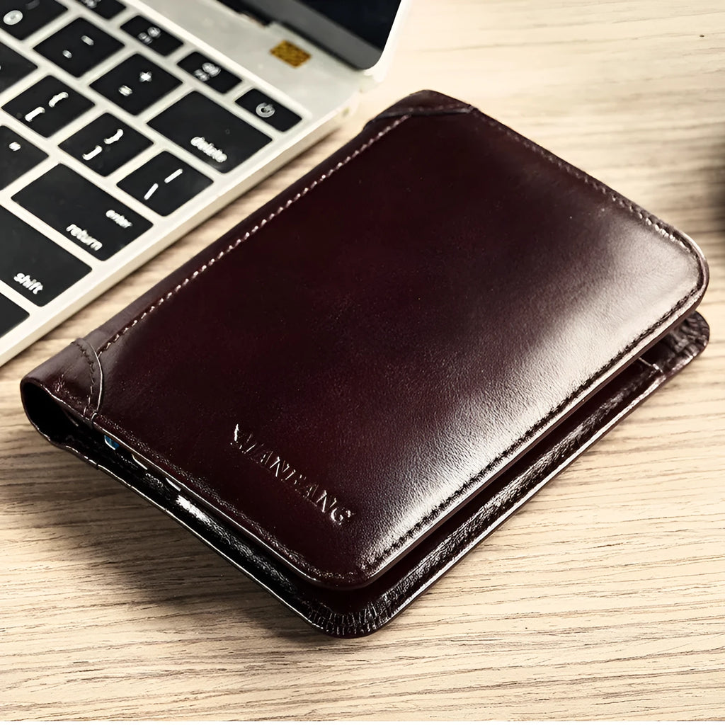 Men's compact leather wallet open showing card slots, change pouch, photo slot, and dark privacy compartment.