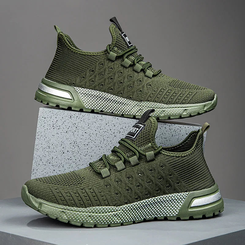 Men's mesh casual shoes in army green colour showing solid colour design and casual styling
