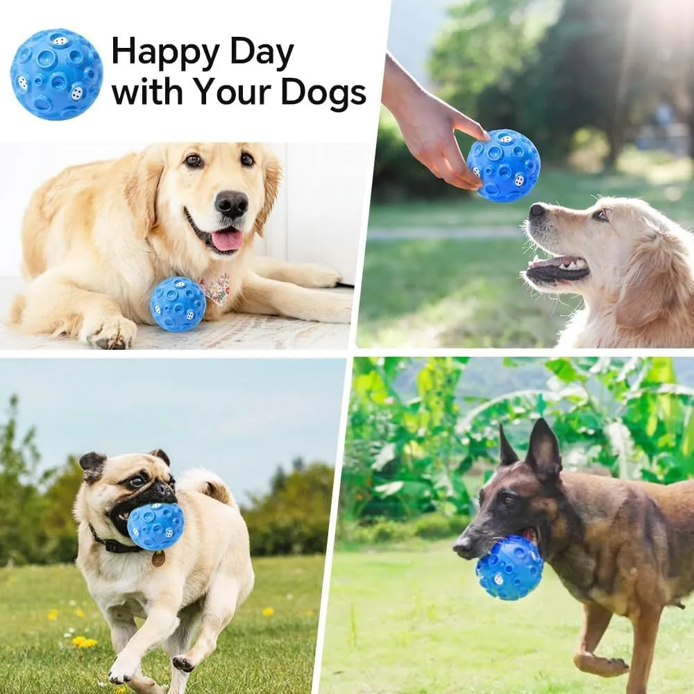 Durable dog chew ball with meteorite-shaped bumps in blue colour