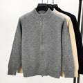 Men's stand collar knitted zipper cardigan in black, grey, or beige with loose fit