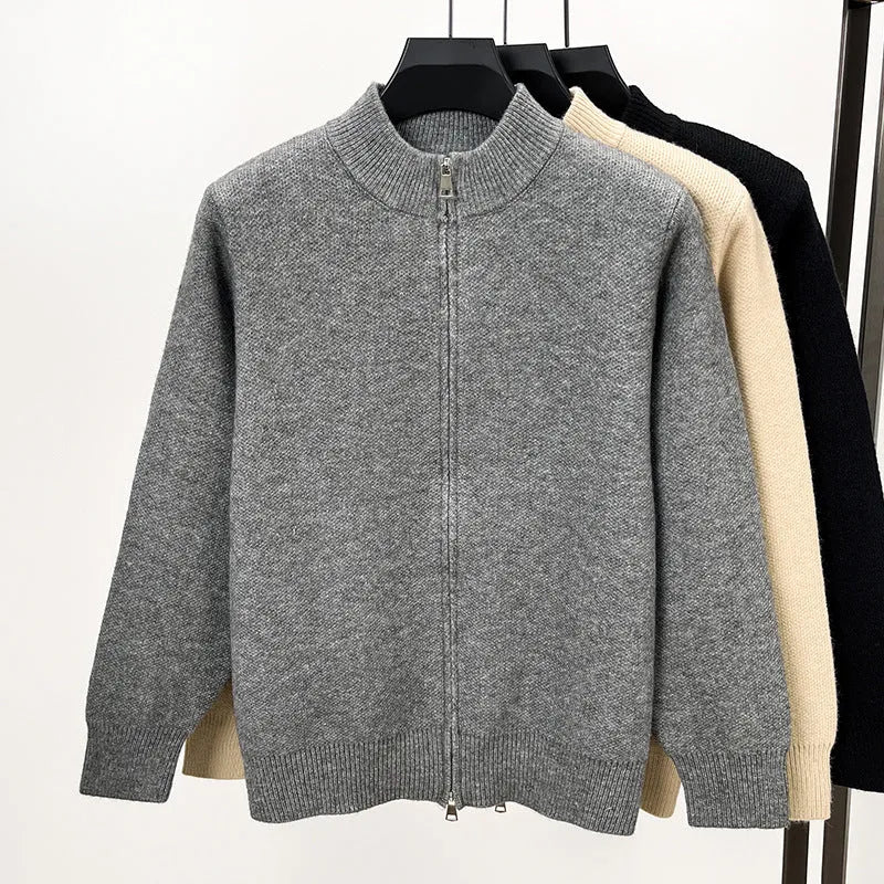 Men's stand collar knitted zipper cardigan in black, grey, or beige with loose fit