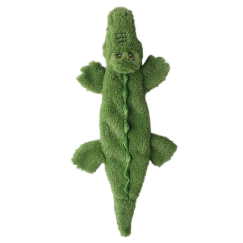 Green crocodile plush dog toy with no stuffing for safe chewing by small and medium dogs