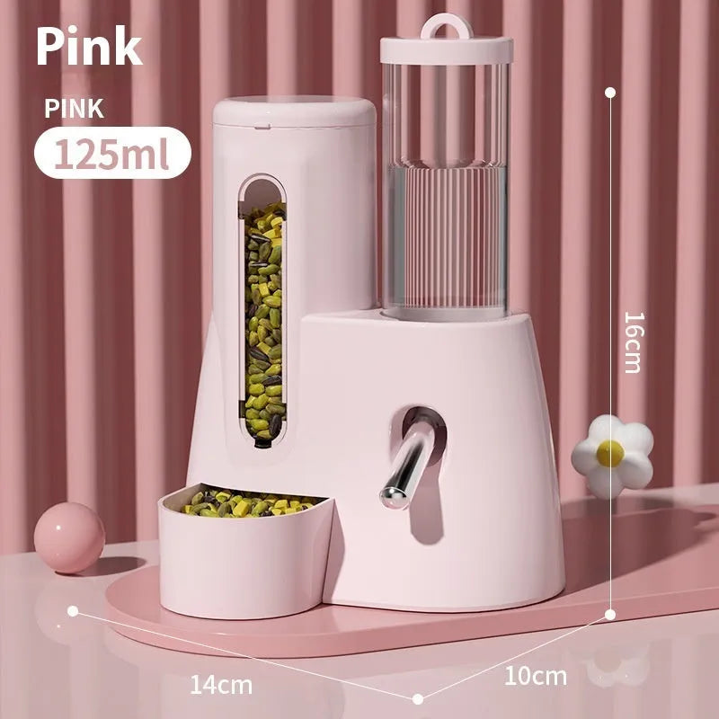 White, blue, and pink hamster automatic water feeder and food bowl in large and small sizes.
