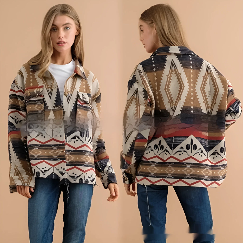 Women's retro Aztec print woolen jacket in loose fit with long sleeves