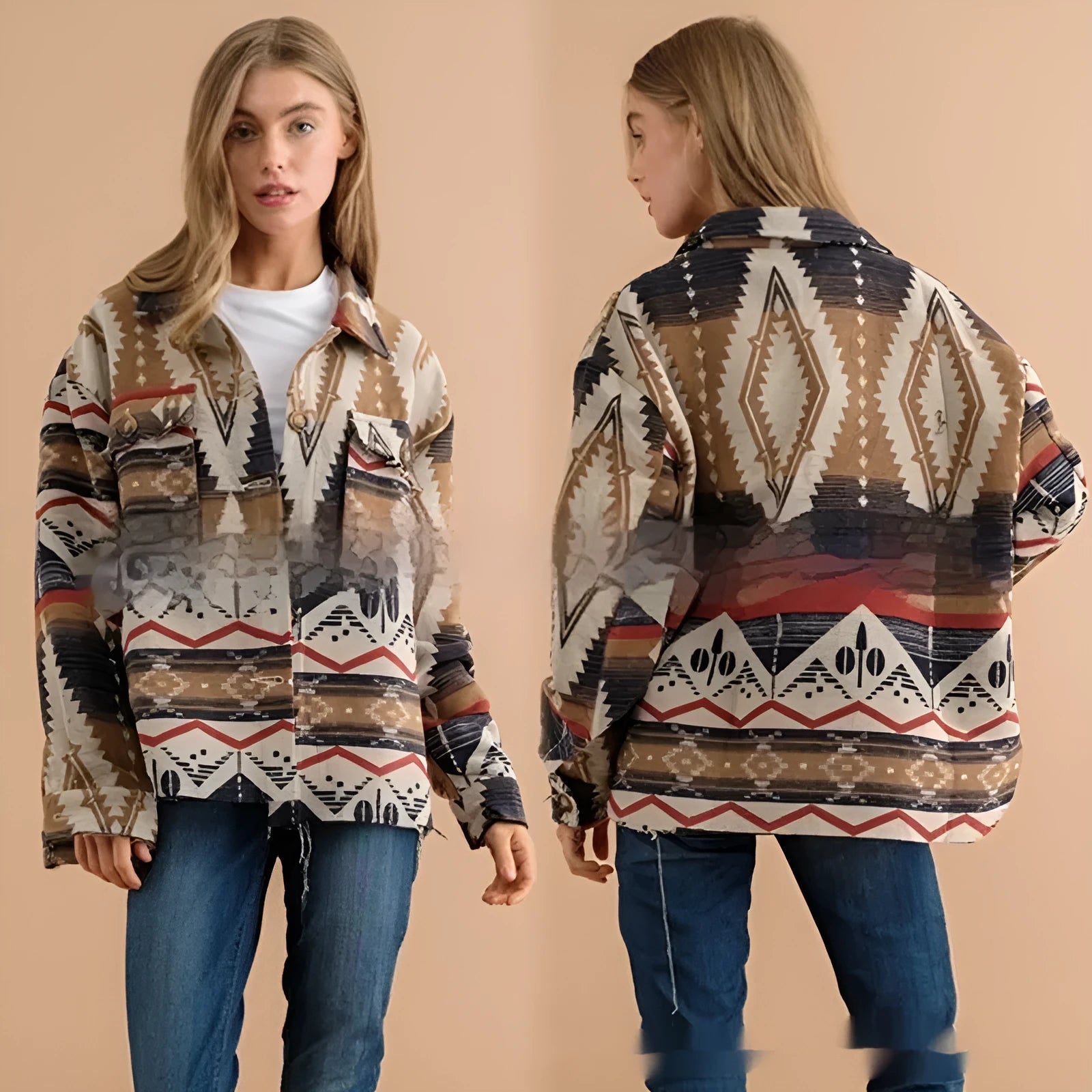 Women's retro Aztec print woolen jacket in loose fit with long sleeves