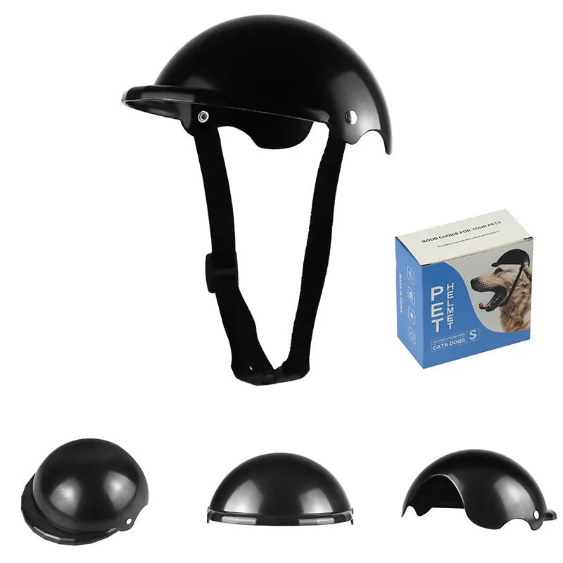 Small S size pink plastic helmet for a dog or cat on a motorcycle.