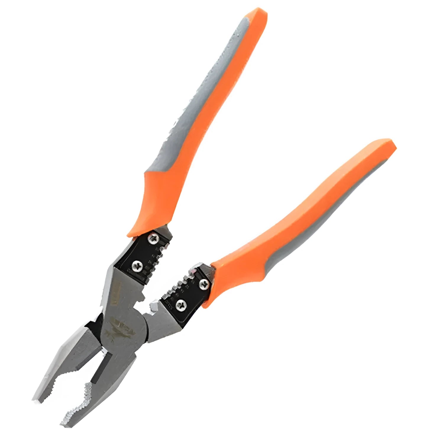 Orange-handled 9-inch multi-function wire cutter pliers with alloy steel clamp head.