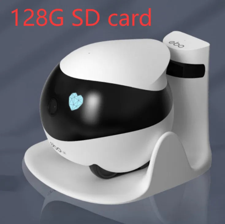 White smart home mobile surveillance robot camera on a docking station.