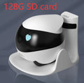 White smart home mobile surveillance robot camera on a docking station.