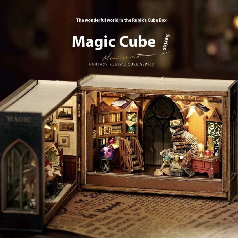 DIY Cottage MINI cut-free paper-cut flip-type wooden building model with flash function in colour box packaging