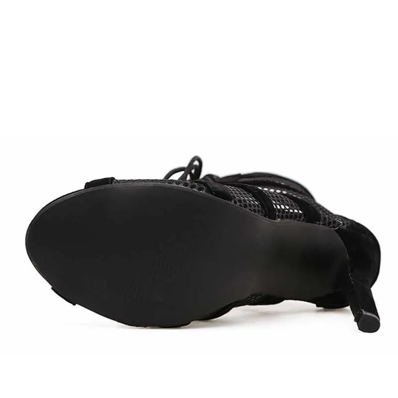 Black suede women's lace-up high heel shoes with ankle strap and 11.5cm heel