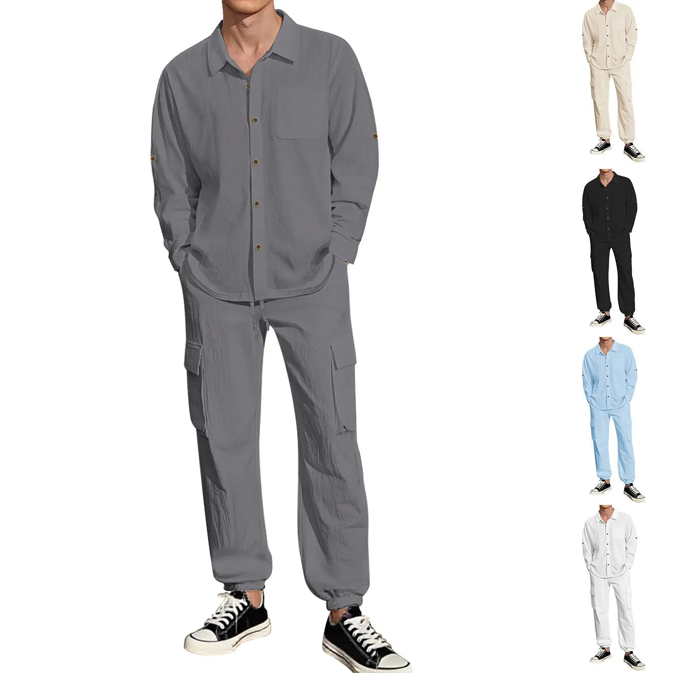 Long sleeve lapel linen shirt and trousers suit set for women in apricot colour on white background