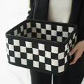Checkerboard patterned folding felt storage basket measuring 37cm long, shown both upright and collapsed flat