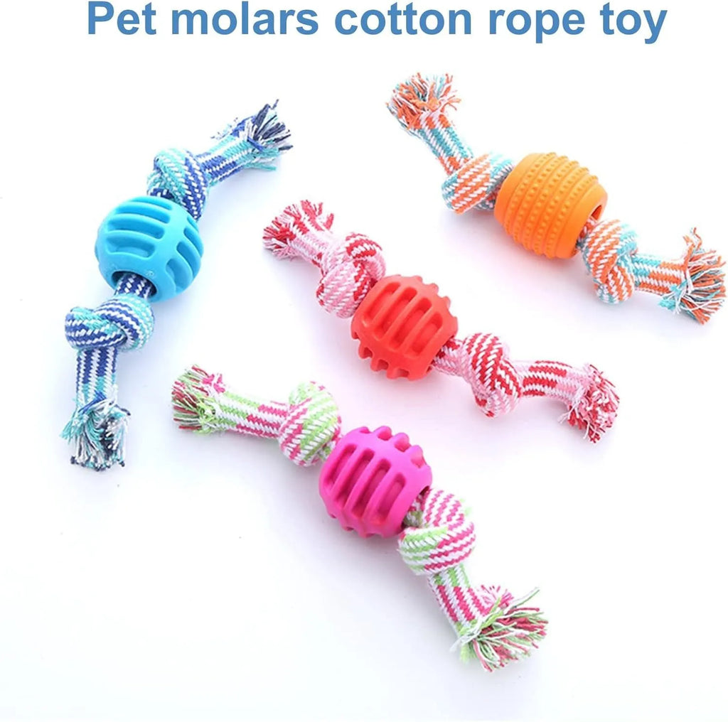 Blue molar-shaped dog chew toy with rope attachments for dental care and chewing