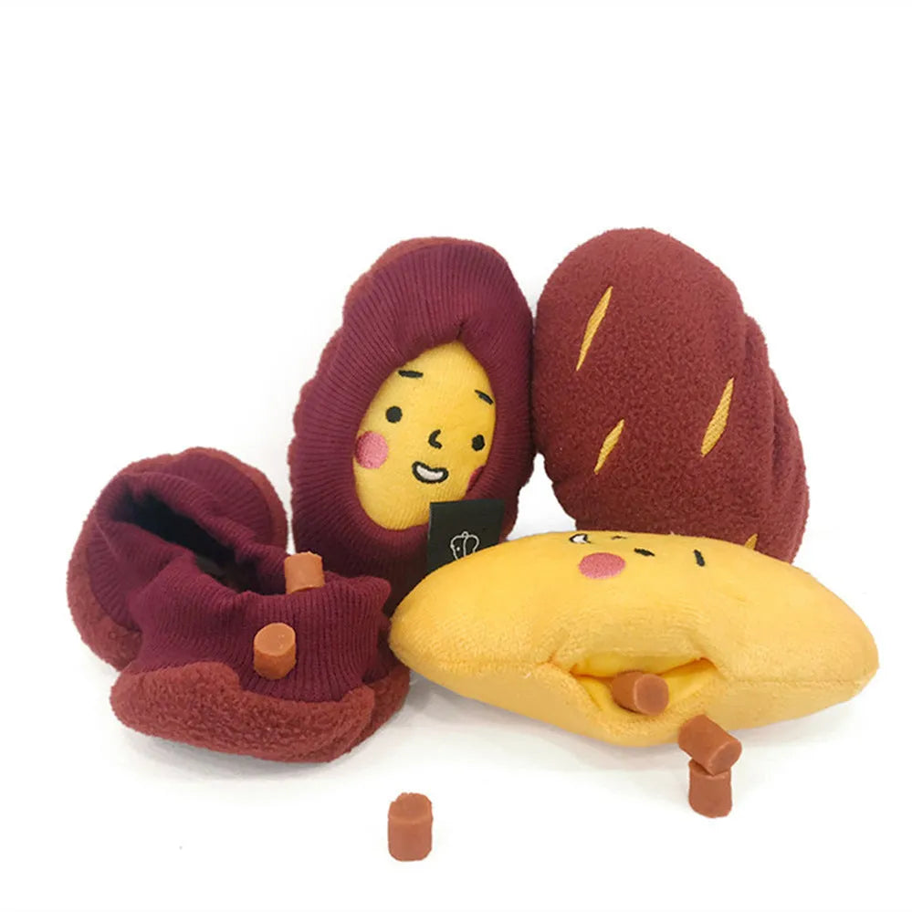 Red sweet potato shaped pet hidden food toy with treat pocket for slow feeding