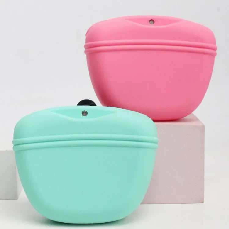 A silicone dog training treat pouch with a clip and magnetic closure, shown in one of six colour options.