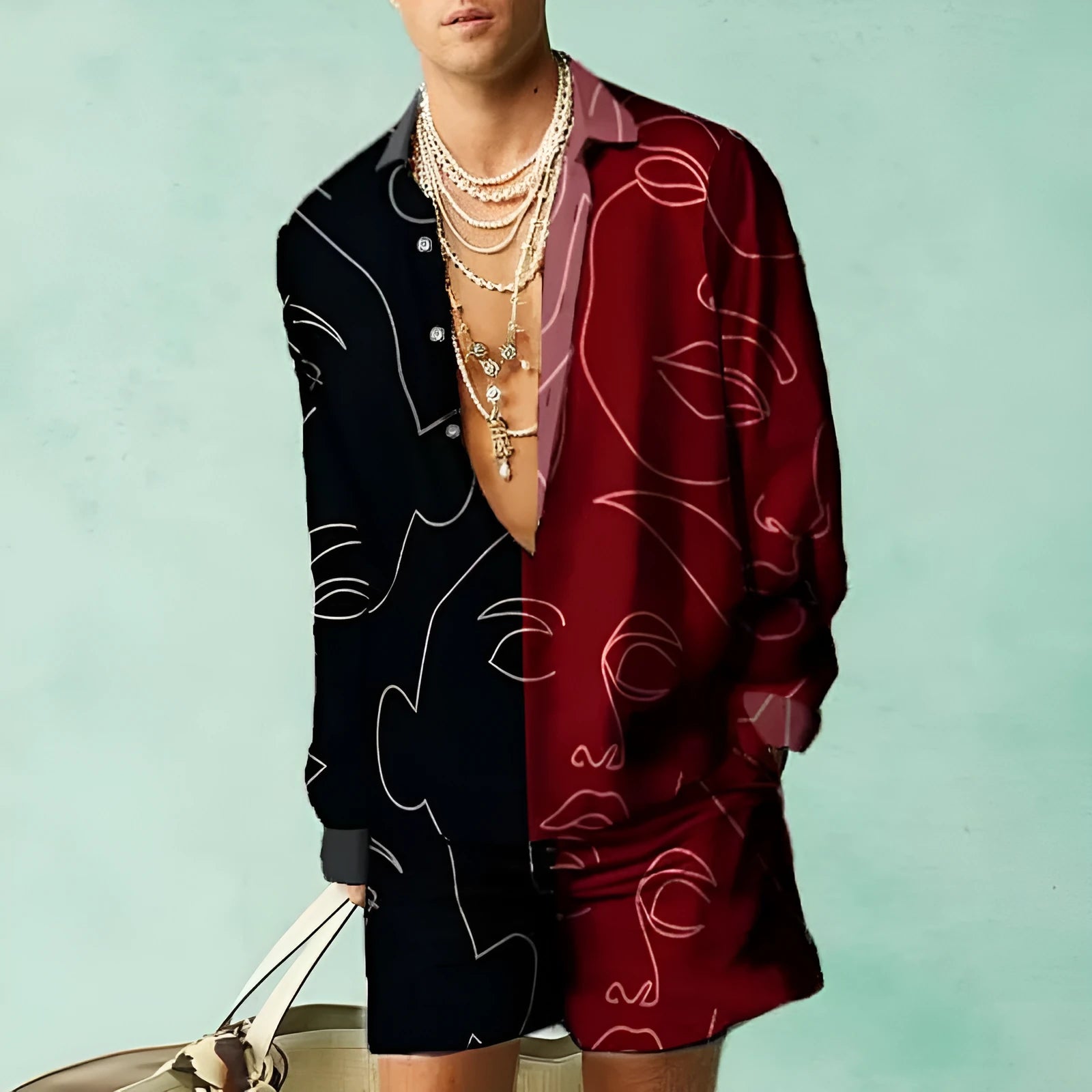 Men's slim fit polyester shirt and shorts set in colour matching pattern for summer casual wear