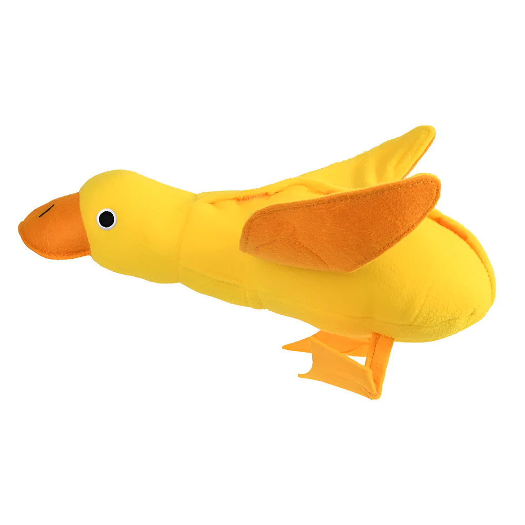 Yellow plush teddy dog toy with internal squeaky duck for training and food leak feature