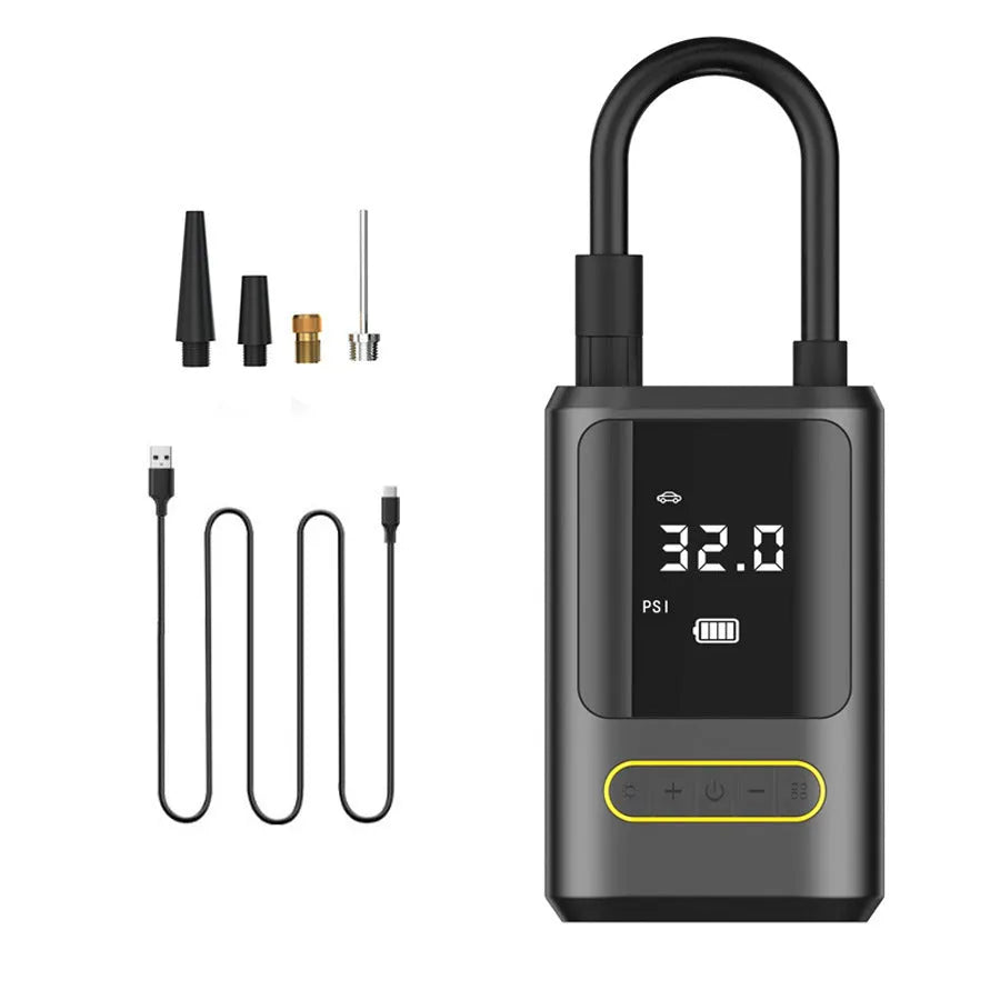 Handheld wireless digital display air pump with LED light shown inflating a car tyre