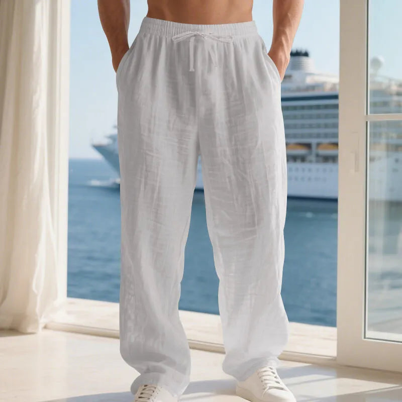 Men's linen solid colour loose fit wide leg drawstring beach trousers, straight cut, summer casual wear