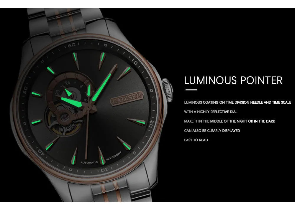 Business and leisure mechanical watch with 42mm dial, luminous display, and stainless steel strap