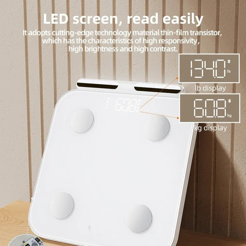 White tempered glass body fat scale with eight electrode sensors and LED display