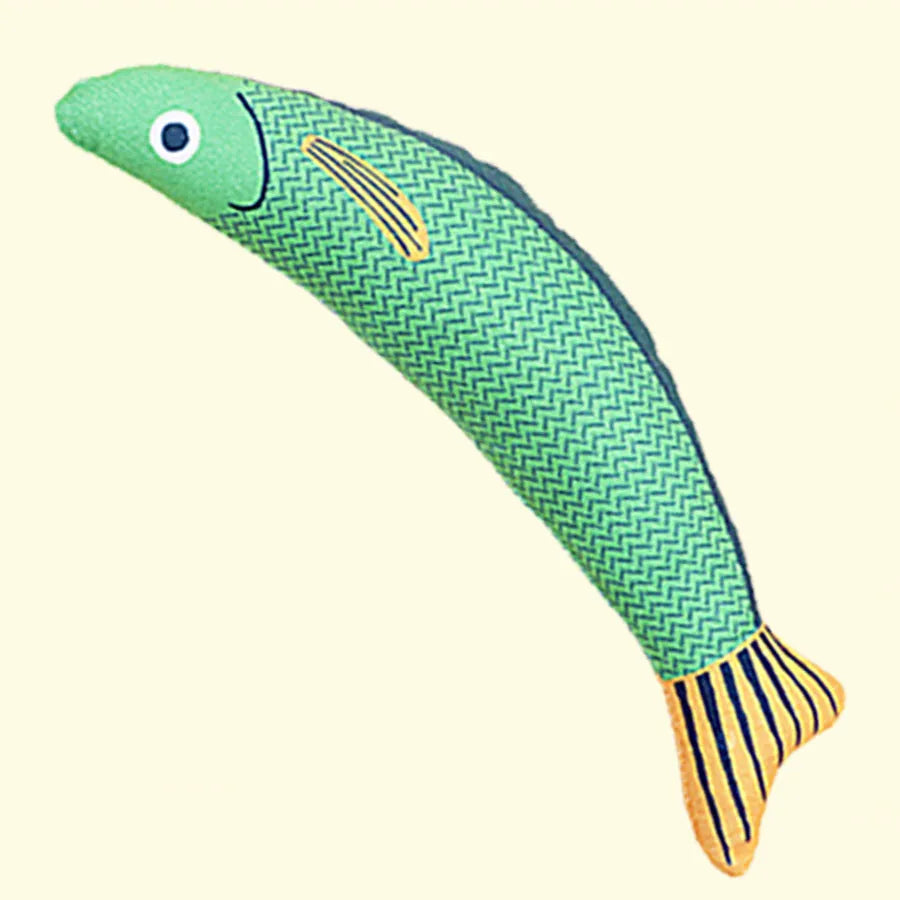 Soft plush fish-shaped cat toy with organic catnip filling in green, orange, or yellow colours