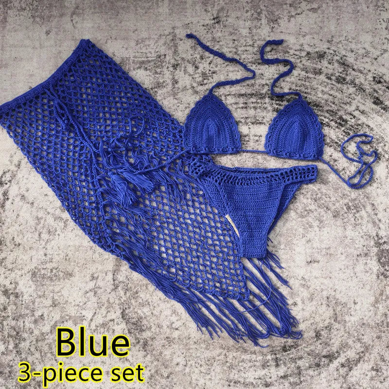 Women's three-piece bikini set with handmade crochet beach skirt in acrylic fabric